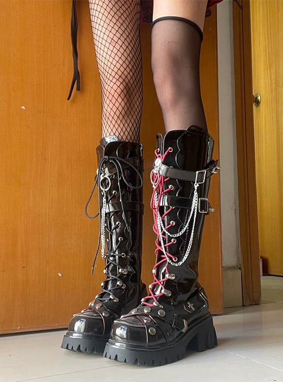 Studs and Skulls Decorated Punk Black Knee-high Boots