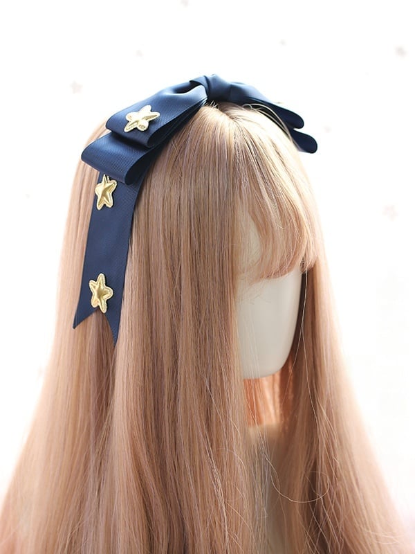 Sweet Dark Blue Large Bowknot Ribbon KC with Golden Star Decorations
