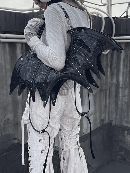 Gothic Spiderweb Print Black Studs Bat Tote Bag with Three Straps