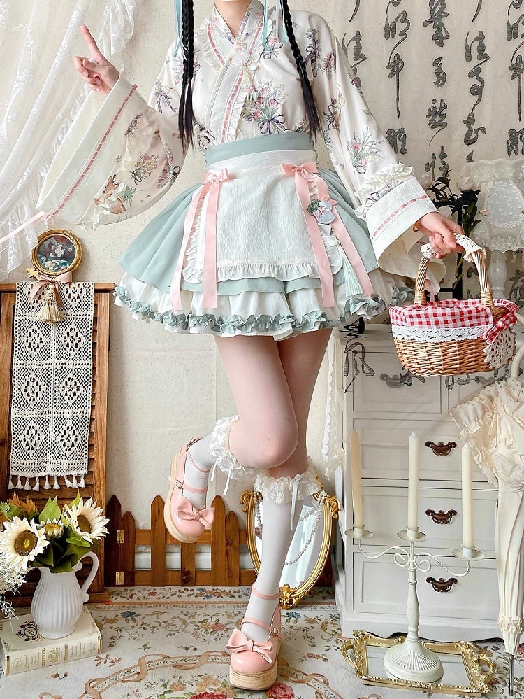 Light Green Herbal Medicine Crossover Neckline Top + Skirt Han Lolita Set