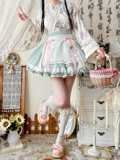 Light Green Herbal Medicine Crossover Neckline Top + Skirt Han Lolita Set
