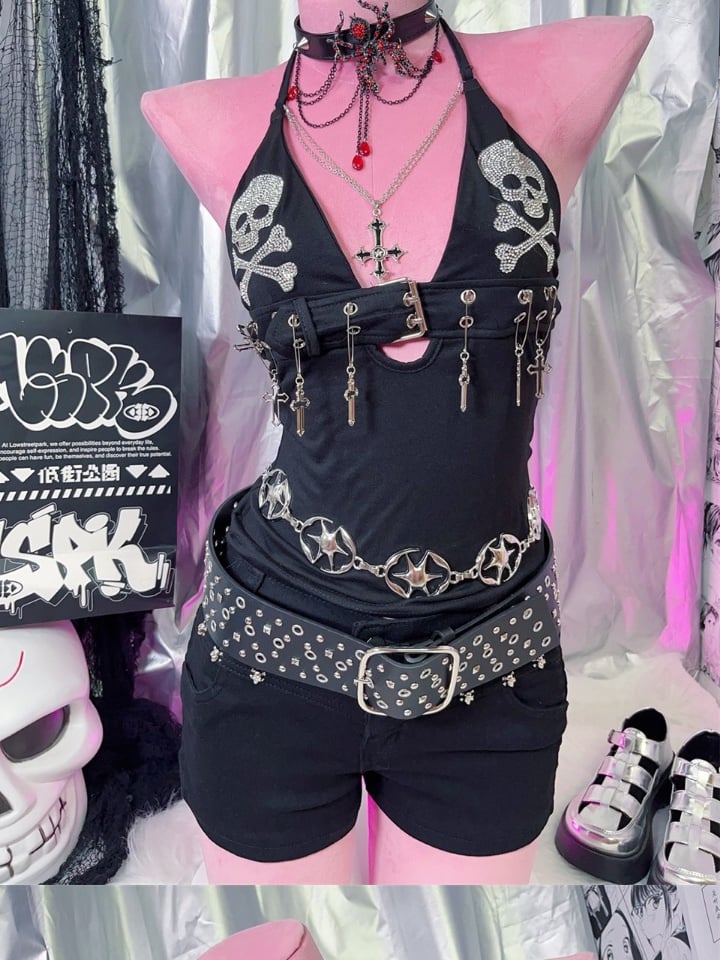 Black Punk Rock Rhinestone Skeleton Decorated Cross Charm Halter Neck Top