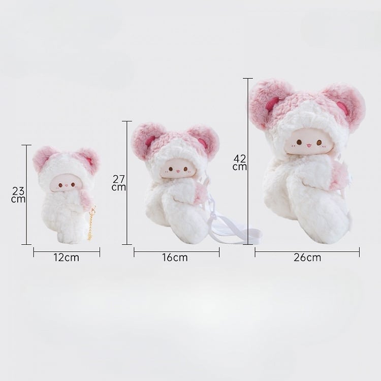 White&Pink Plush Cute Mouse Backpack/Crossbody Bag + 2 Options Backpack Keychain Small/Middle Size