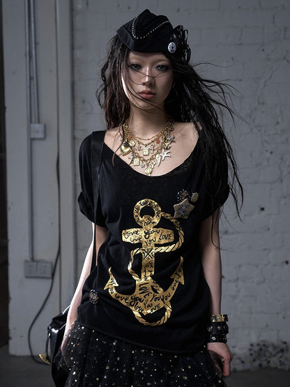 Black/White Navycore Lace-up Detail Cross Charm Punk Studded Sailor Hat