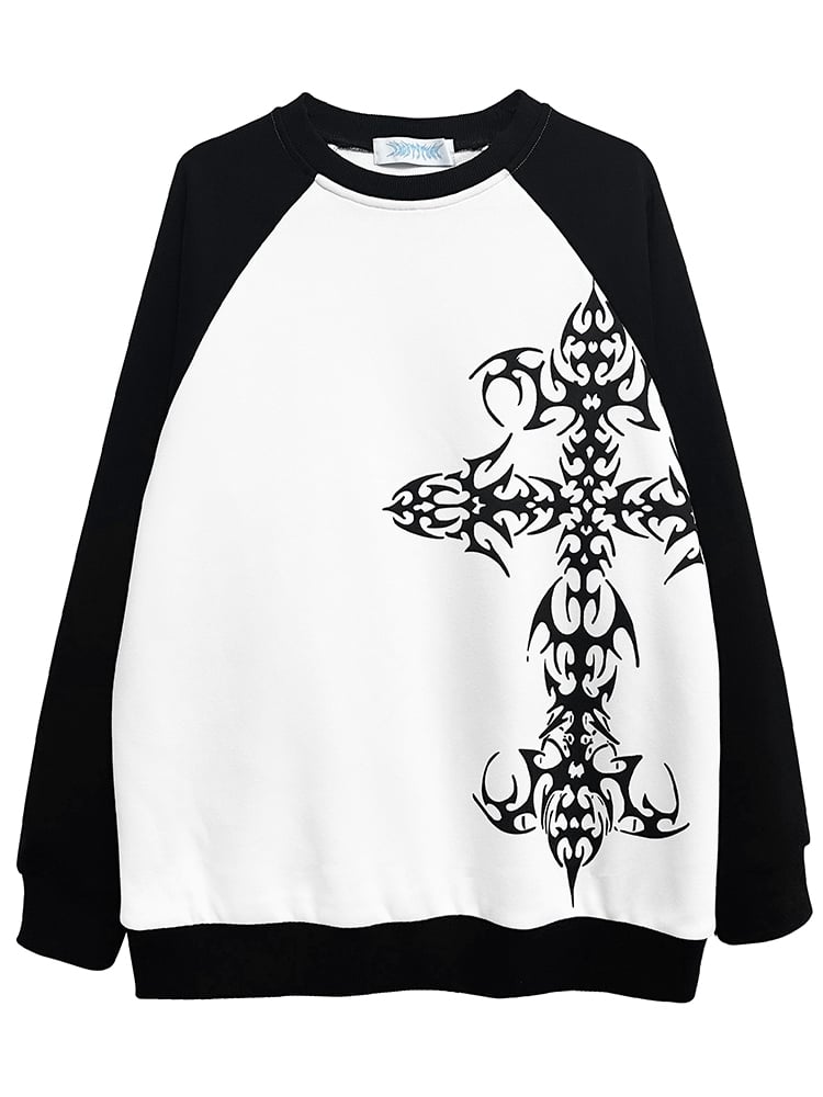 Black and White Colorblock Design Tattoo Cross Graphic Sweatshirt
