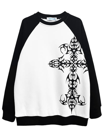 Black and White Colorblock Design Tattoo Cross Graphic Sweatshirt