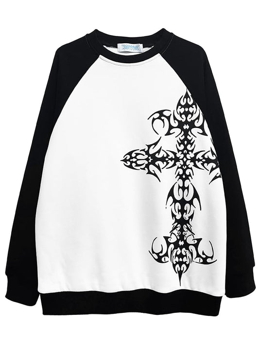 Black and White Colorblock Design Tattoo Cross Graphic Sweatshirt