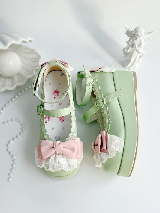 Apple Green Bow at Top Lace Trim Heart Buckles Platforms