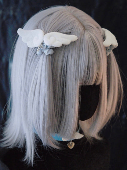 Handmade Cross Charm Angel Wings Blue and White Hair Ties
