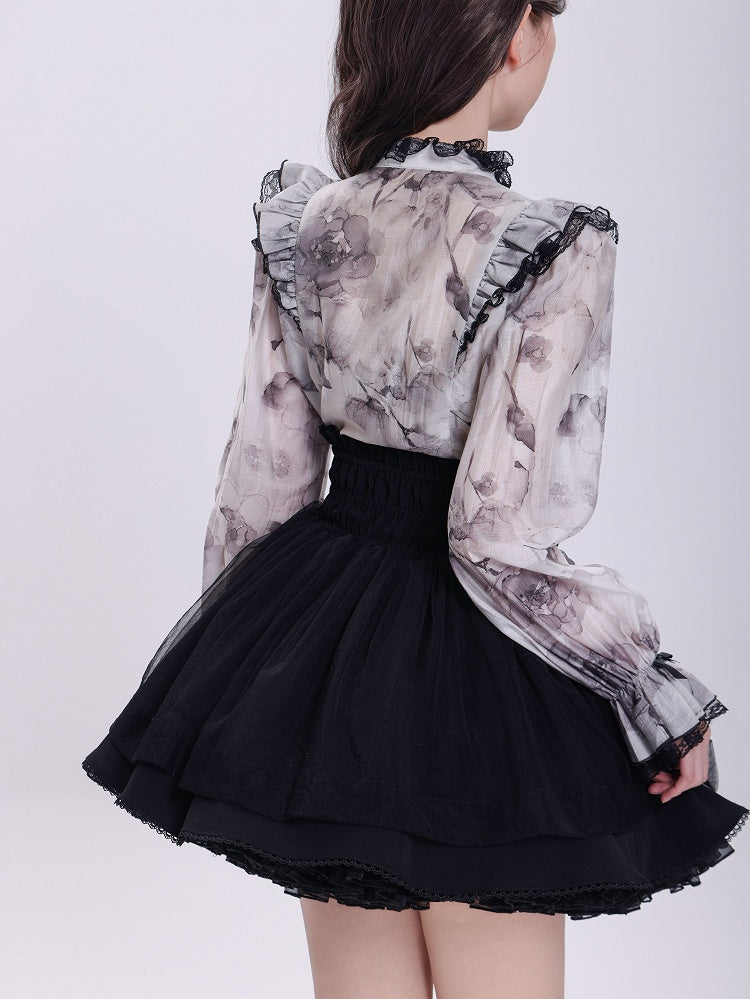 Elegant Gray Floral Jirai Kei Blouse