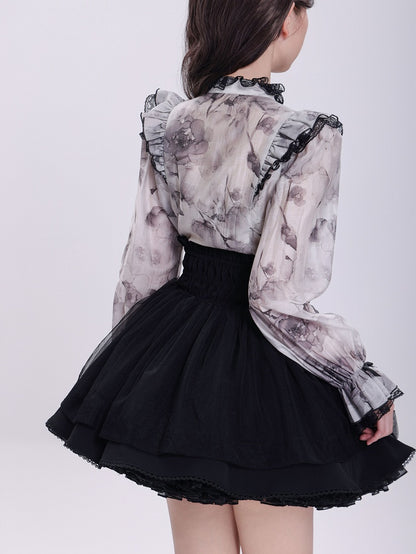 Elegant Gray Floral Jirai Kei Blouse