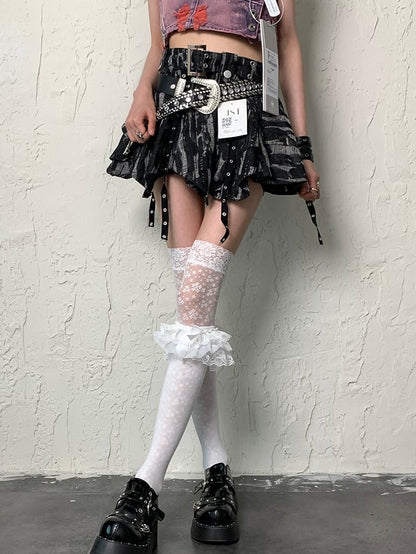 White Y2K Bittersweet Floral Pattern Lace Trim Overknee Stockings