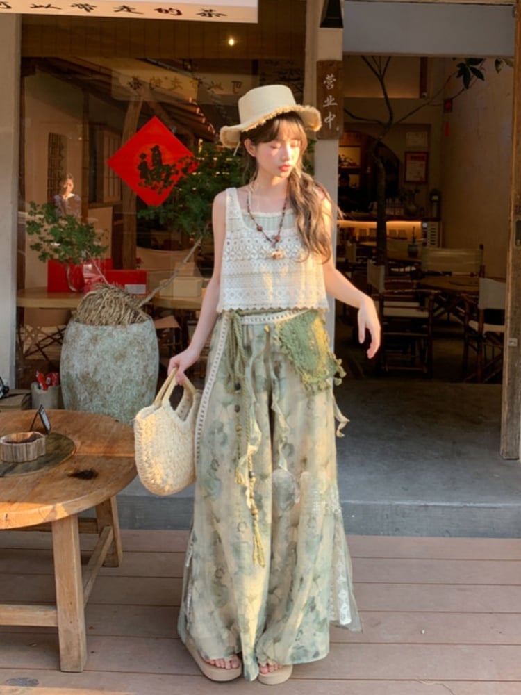 Mori Kei Green Tie Dye Wide-Leg Pants with Detachable Knitted Accessory Regular/Short Version