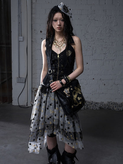 Gold Ship Anchor Print Punk Distressed Design Black/White PVC Crossbody Bag