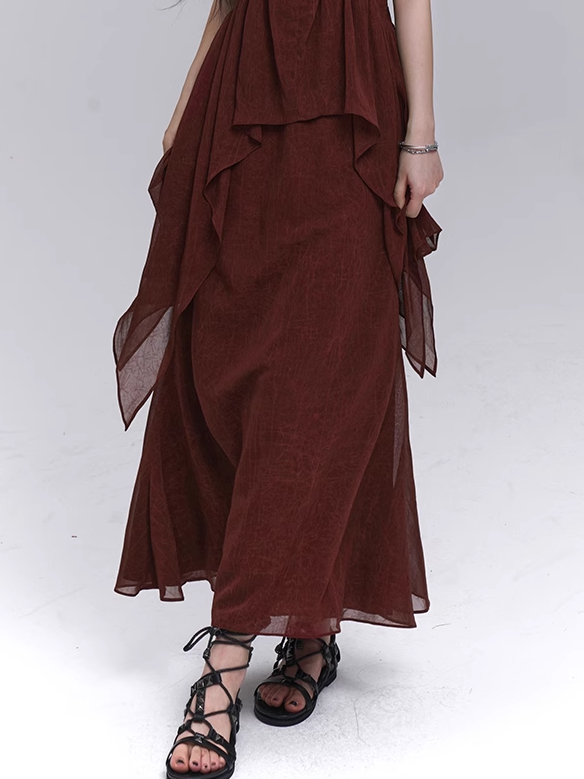 Dark Red Elastic Waist Ankle Length Skirt