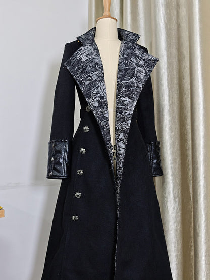 Ouji Fashion Black Leather Cuffs Gothic Lolita Woolen Coat with Silver Inner Lining