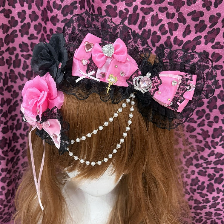Two Black&Pink Rhinestone Heart And Crown Decorated Lace Trim Bead Chain Bowknot Hairclips With Dual Floral Hairclips