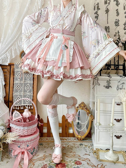 Sakura Pink Herbal Medicine Crossover Neckline Top + Skirt Han Lolita Set Cherry Blossom Festival Outfit