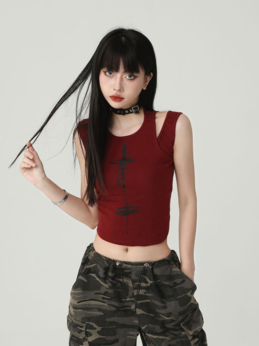 Gothic Wine Red Cross Print Backless Glamorous Cropped Sleeveless Top
