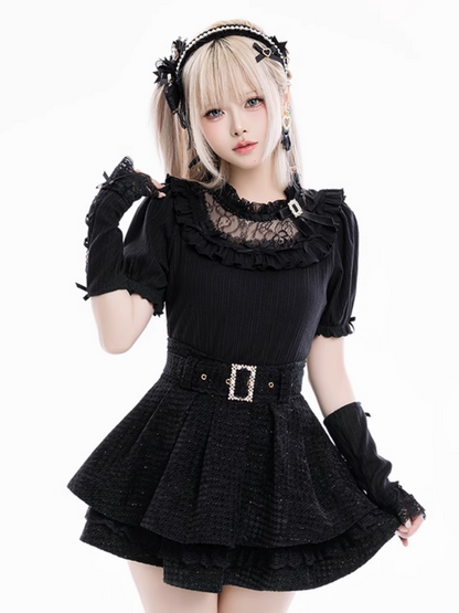 Jirai Kei Bowknots and Beads Decorated Illusion Neckline Black Blouse with Free Armwear
