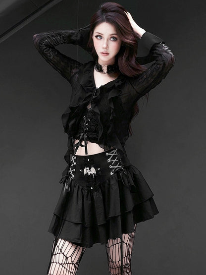 Punk Dragon Adorned Black Tiered Skirt Criss-cross Chain Design