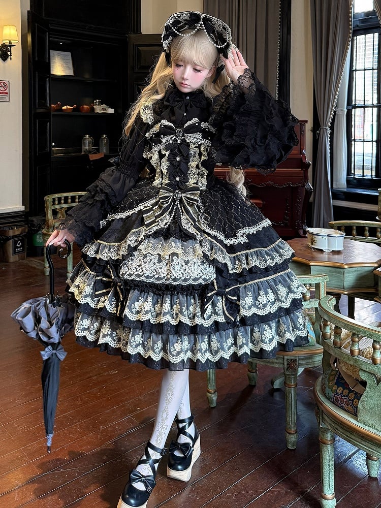 Black Flower Bead Chain Bow Neckline Gorgeous Princess Lolita Dress