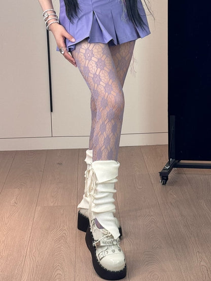 White/Purple Sweet Lolita Floral Pattern Tights