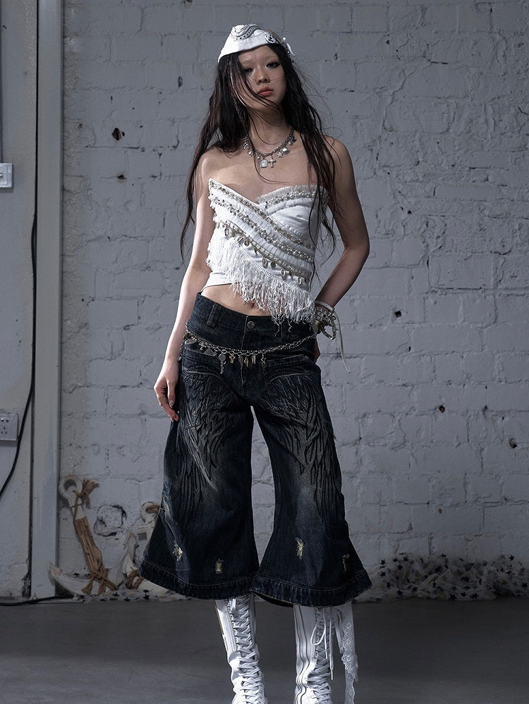 Baroque Bead Details Fringe Hem Black/White Crossover Design Strapless Top