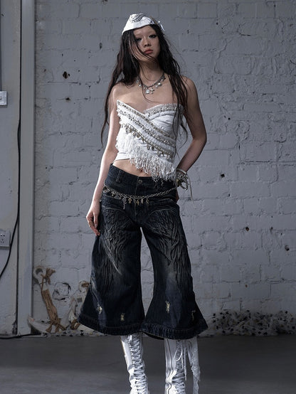 Baroque Bead Details Fringe Hem Black/White Crossover Design Strapless Top