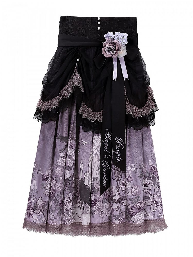 Black & Purple Floral Print Elegant Classic Lolita Skirt with Lace Trim