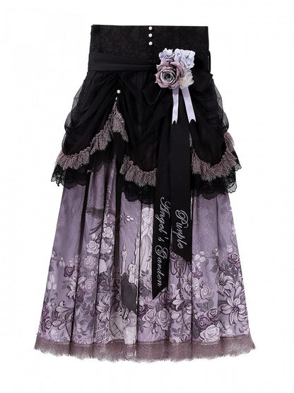 Black & Purple Floral Print Elegant Classic Lolita Skirt with Lace Trim