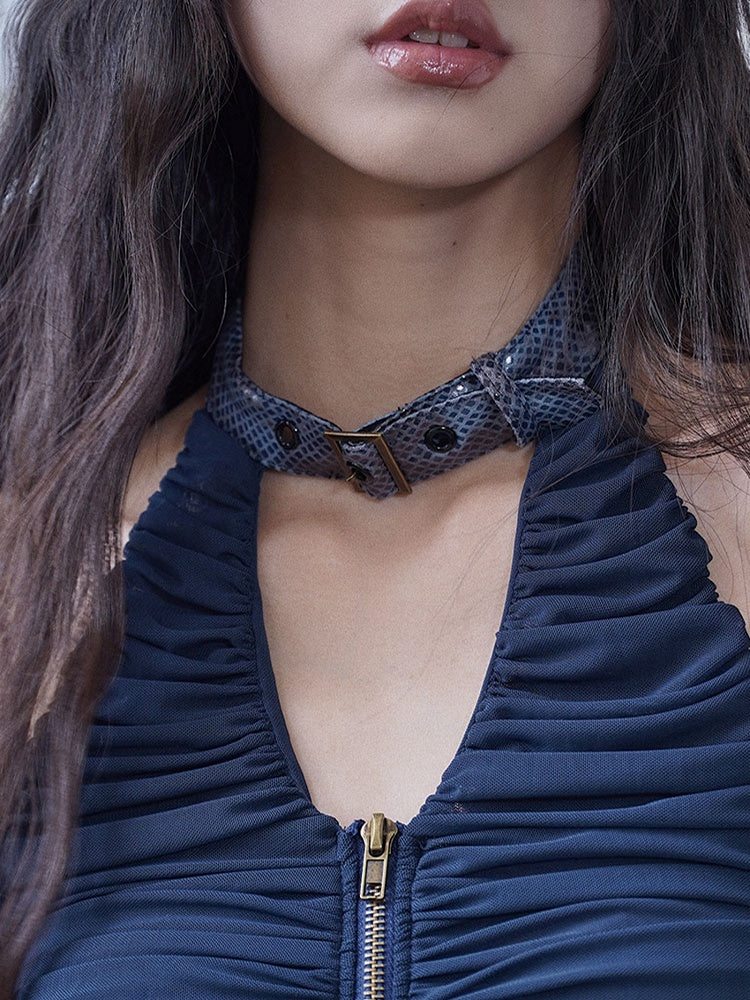 Navy Blue Zip Closure Halter Neck Punk Top