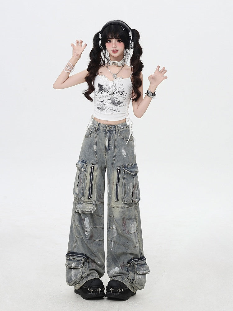 Black/Light Blue Low Rise Spray Paint Print Wide-leg Cargo Jeans
