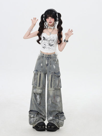 Black/Light Blue Low Rise Spray Paint Print Wide-leg Cargo Jeans
