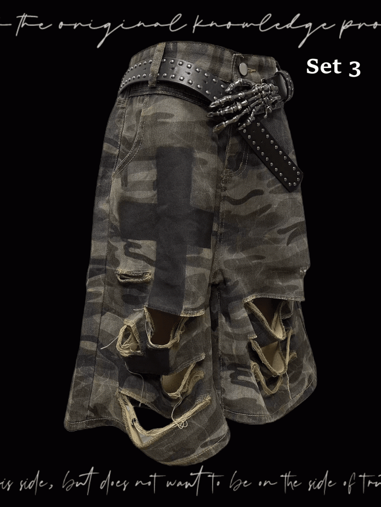 Camouflage Distressed Holes Wasteland Punk Wide-Leg Shorts