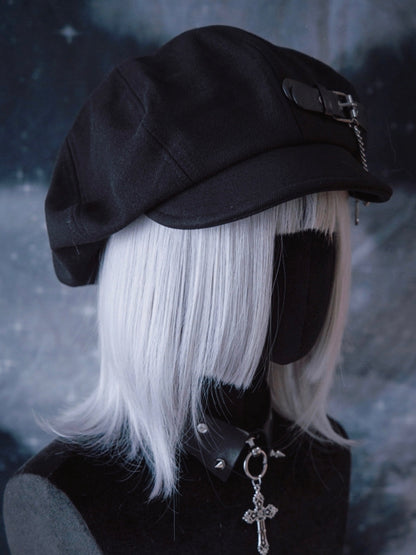 Handmade PU Buckle Black Gothic Beret with Cross Chain