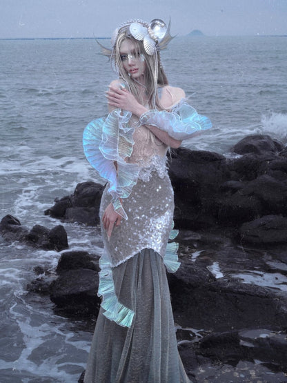 Caudal Fin-shaped Cascading Ruffle Design Sheer Nude Tulle Shrug