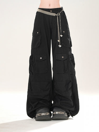 Black Low Waist Cargo Pockets Loose Wide-leg Pants