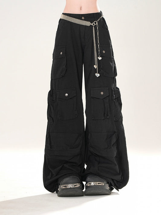 Black Low Waist Cargo Pockets Loose Wide-leg Pants