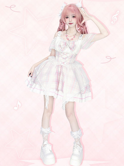 Pink Plaid Off-the-shoulder Neckline Sweet Idol Lolita Jumper Skirt with Free Bowtie