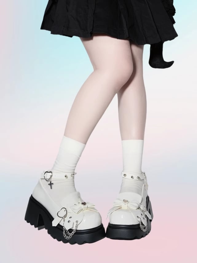 White Punk Bowknot Decorated Butterfly Heart Buckles Studs Details Platforms