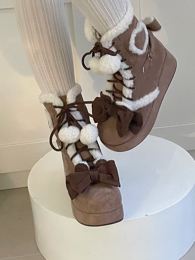 Brown Sweet Lolita Platform Snow Boots - 6cm/8.5cm Sole Options with Heart Patches & Pompom Charm Laces
