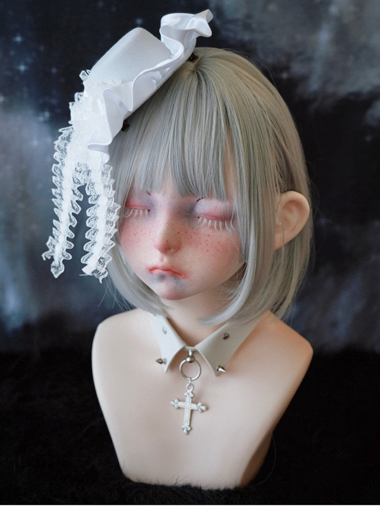 White Gothic Skeleton Lace Bow Ruffle Hem Hat Hairclip