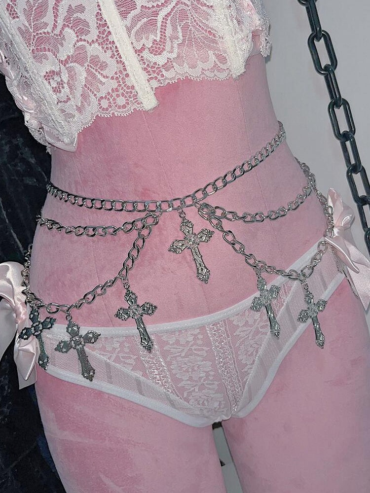 Silver/Black Crosses Charm Punk Waist Chain