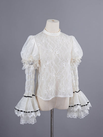 Beige and Black Puff Sleeves Lace Blouse with Detachable Sleeves