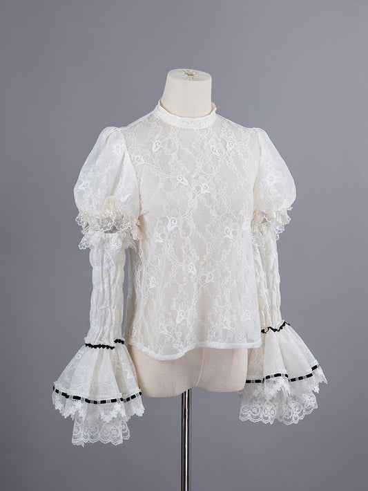 Beige and Black Puff Sleeves Lace Blouse with Detachable Sleeves