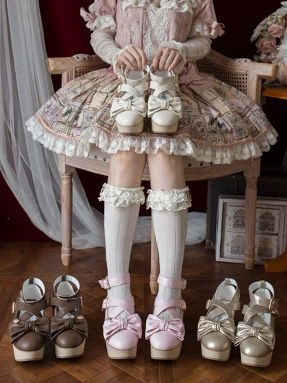 Sweet Lolita Pink Platforms with PU Leather, Wood Pattern Sole & Crisscross Details