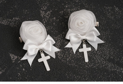 Handmade Rosette Design Gothic White Bowknot Hairclips with Crosses