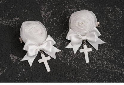 Handmade Rosette Design Gothic White Bowknot Hairclips with Crosses
