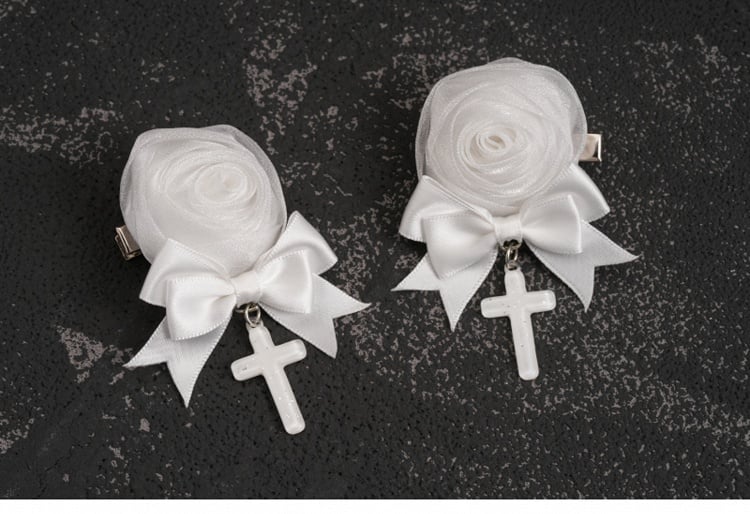 Handmade Rosette Design Gothic White Bowknot Hairclips with Crosses
